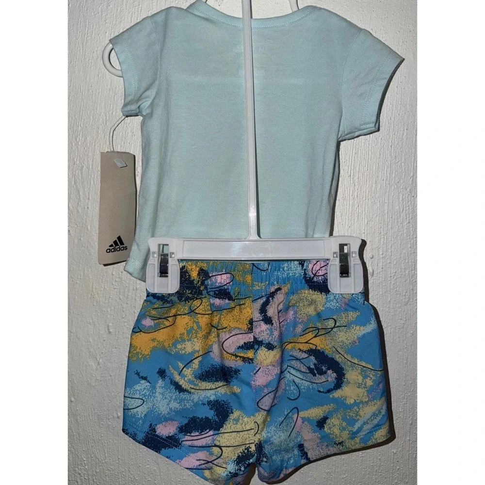 Adidas Infant Girls 2 Piece Set Light Blue Graphic Tee and Printed Shorts 3M